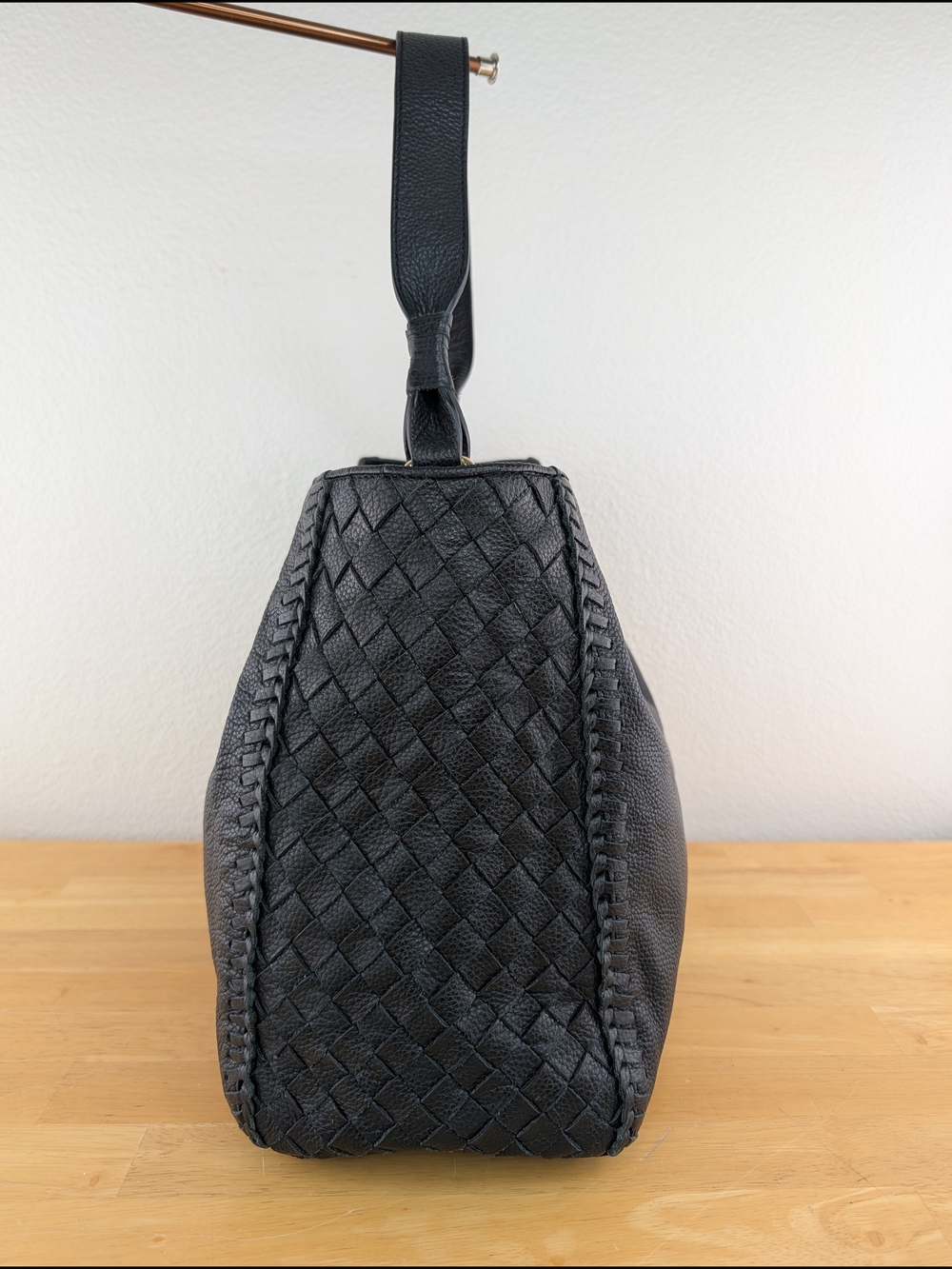 Cole Haan Dillan Black Pebbled Leather Hobo Shoulder Bag Basket-weave Detail - Picture 3 of 15